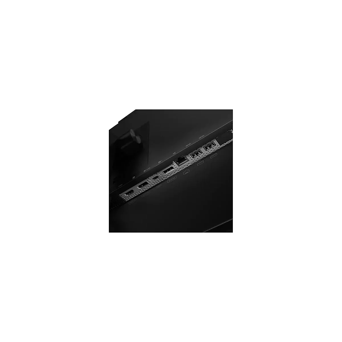 Nahaufnahme der Rückseite eines schwarzen Monitors mit Anschlüssen, darunter HDMI und USB.
