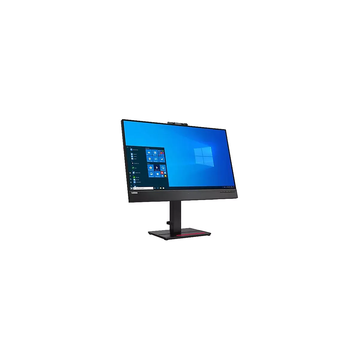 Ein schwarzer All-in-One-PC mit einem Bildschirm, auf dem das Windows-Betriebssystem angezeigt wird. Der PC steht auf einem Sockel.