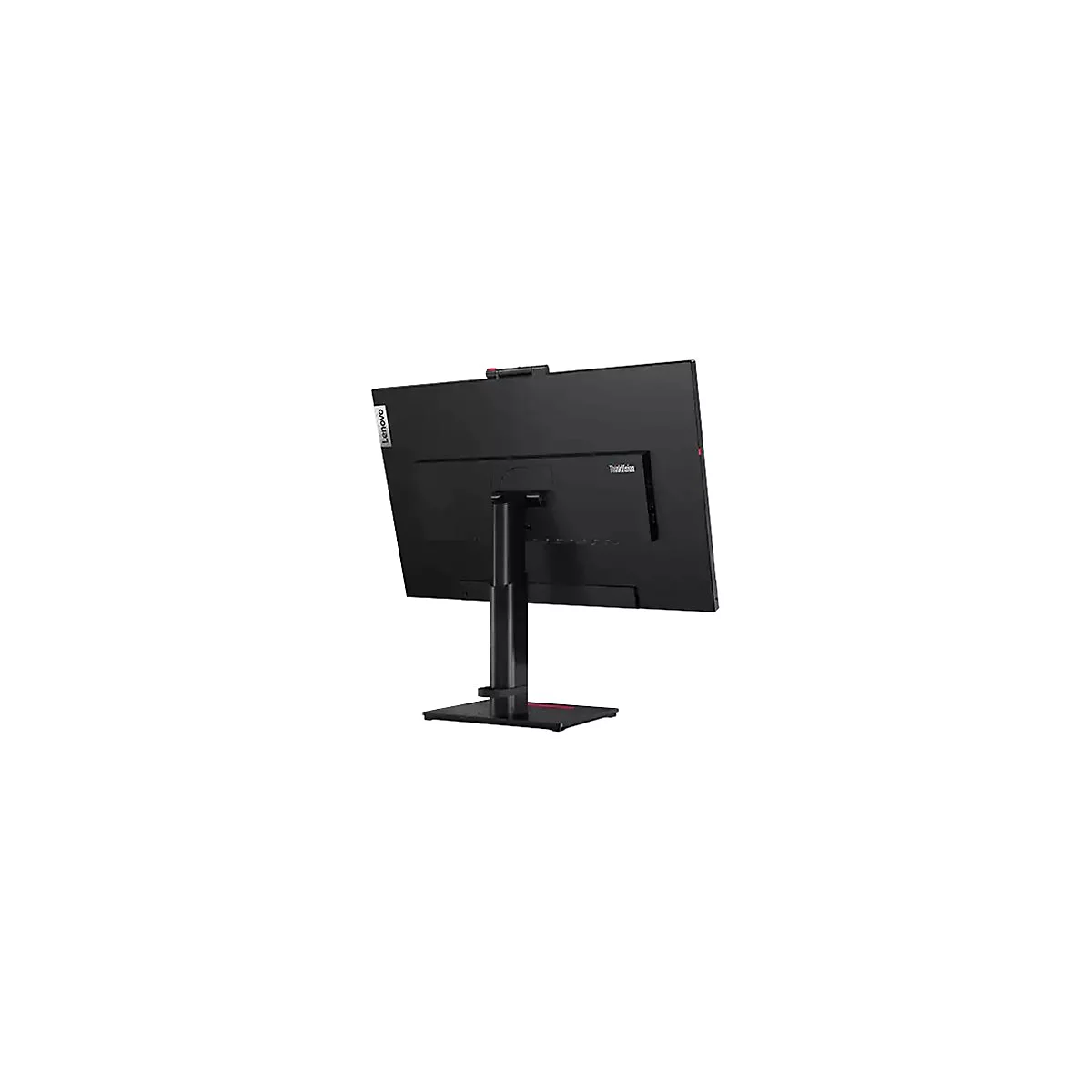 Schwarzer Monitor mit Standfuß, Rückansicht, mit Lenovo und ThinkVision Logo.