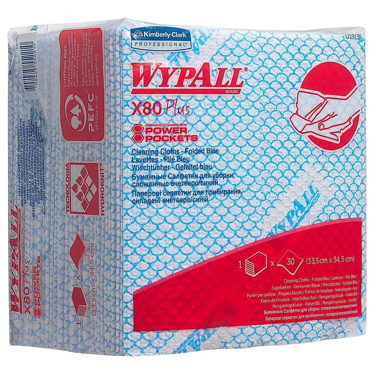  Lingettes WypAll® X80Plus, pliées, 8 sachets de 30 lingettes, bleu