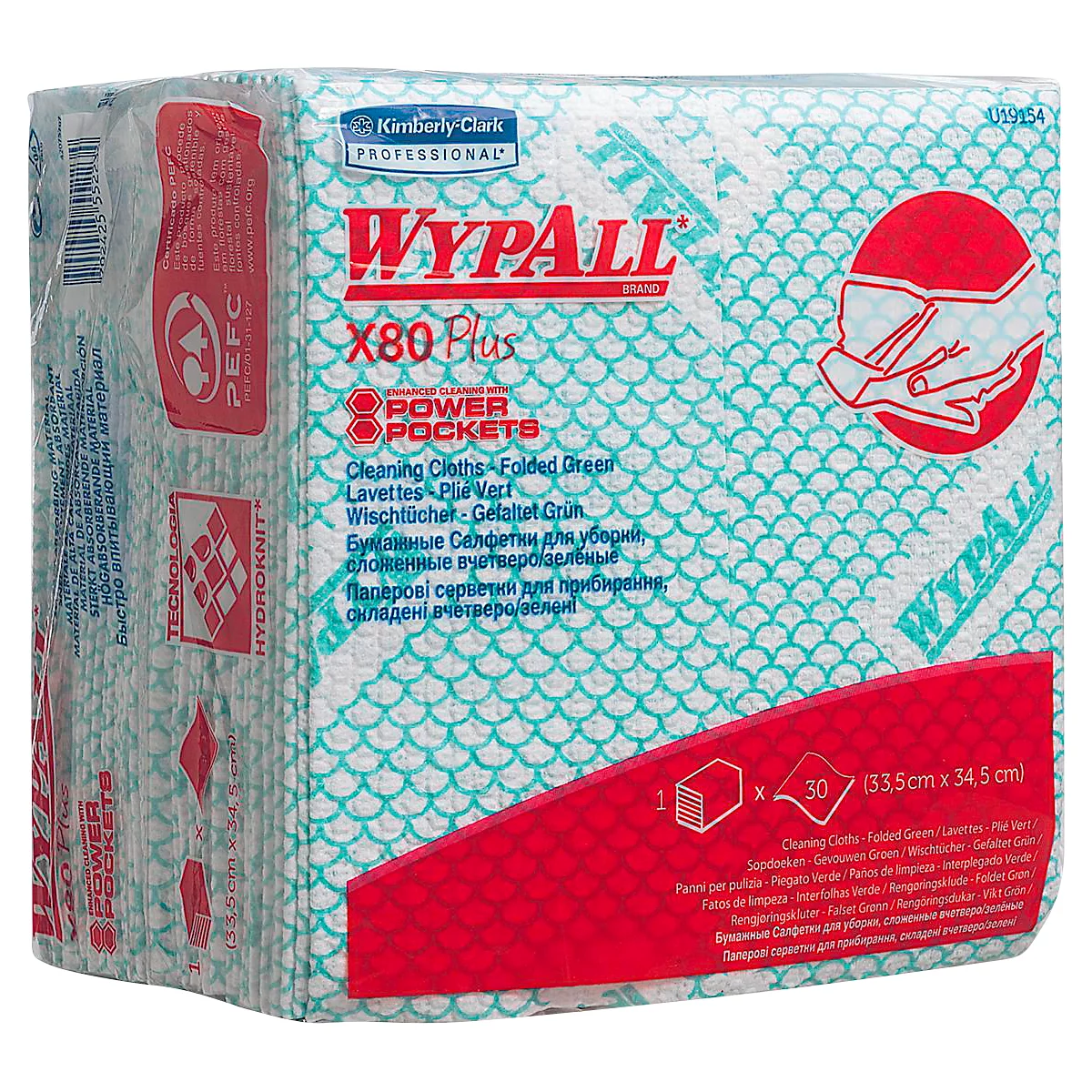  Lingettes WypAll® X80Plus, pliées, 8 sachets de 30 lingettes, vert