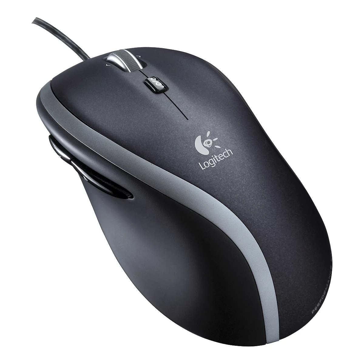 Black Logitech mouse with gray accents, scroll wheel, logo and cable.