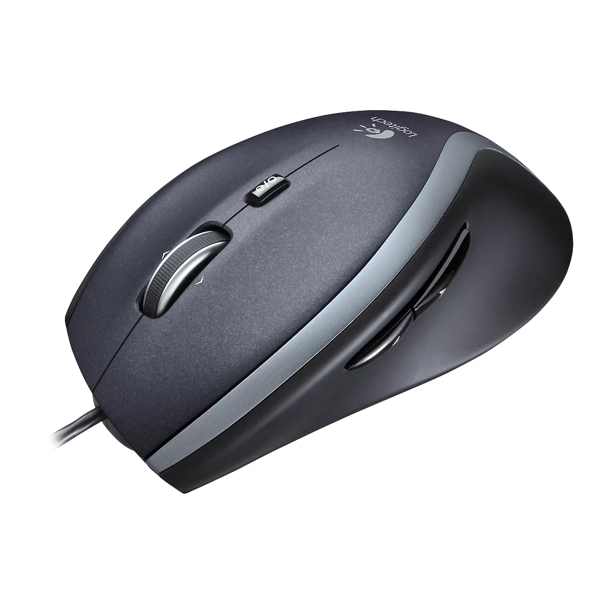 Dark gray computer mouse with silver accents and cable. Scroll wheel and buttons visible. Brand: Logitech.