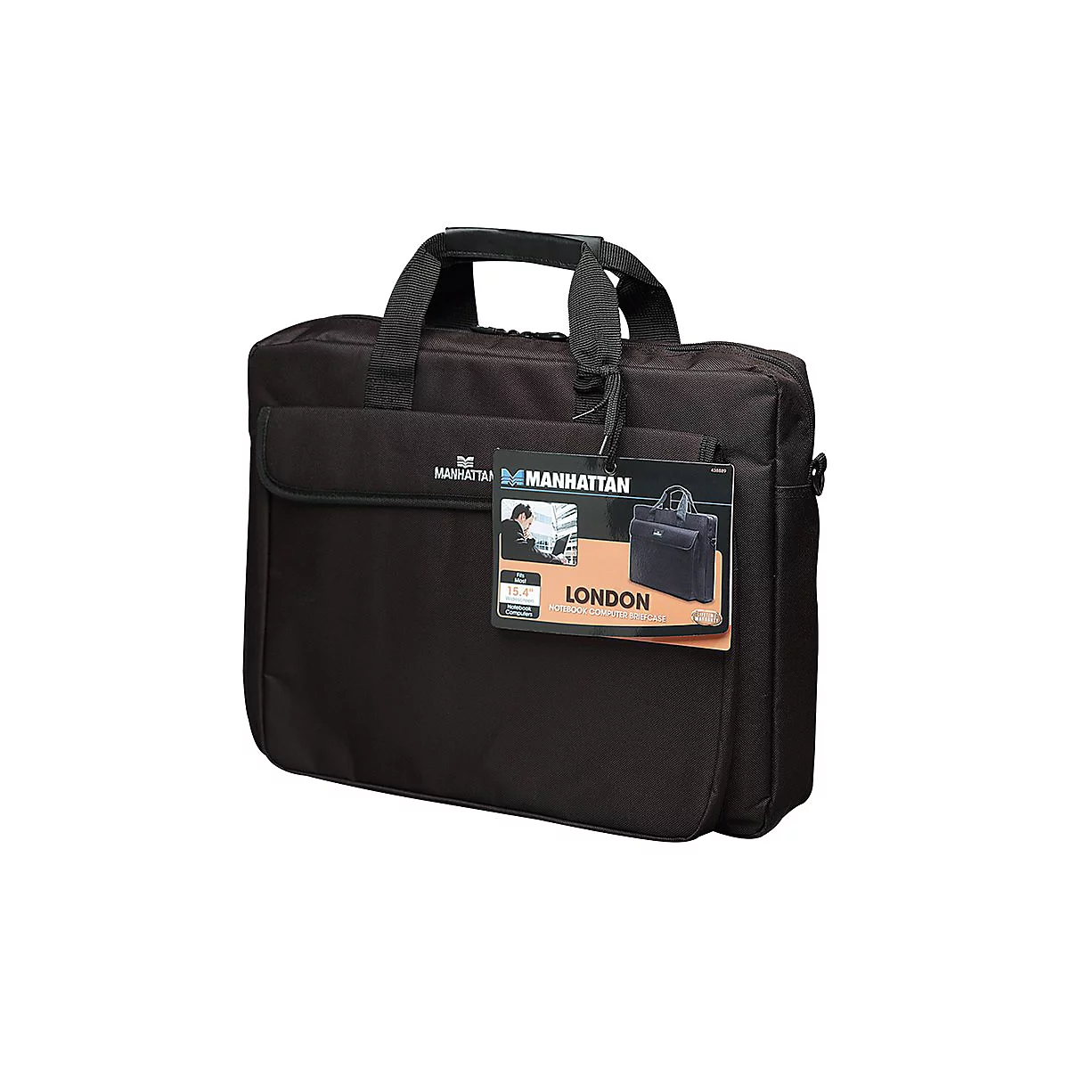 Schwarze Laptoptasche mit Tragegriffen. Manhattan-Label und ProduktanhÃ¤nger.