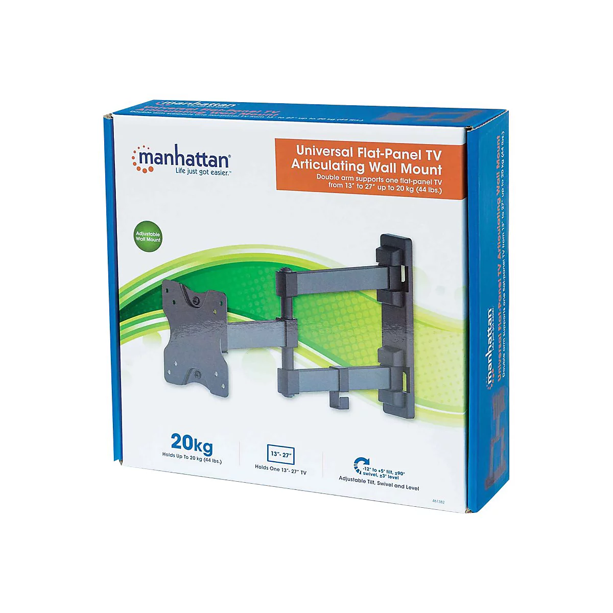 'Manhattan TV & Monitor Mount, Wall, Full Motion, 1 screen, Screen Sizes: 13-27'', Black, VESA 75x75 to 100x100mm, 20kg, Tilt & Swivel with 3 Pivots, Lifetime Warranty - Klammer - für LCD TV - Schwarz'
