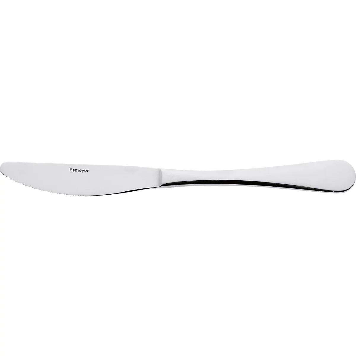 Ein silbernes Buttermesser mit abgerundeter Klinge und Griff, mit einem Schriftzug auf der Klinge.