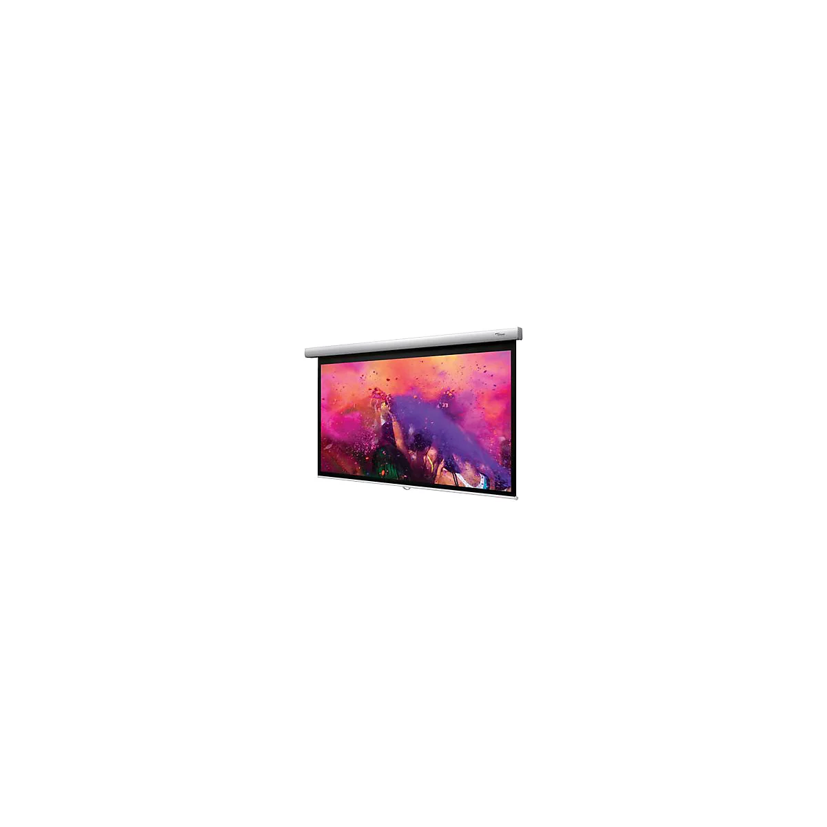 Große Leinwand mit einem bunten Bild, das Menschen zeigt, die mit Pulverfarbe spielen. Über der Leinwand ist eine graue Halterung angebracht.
