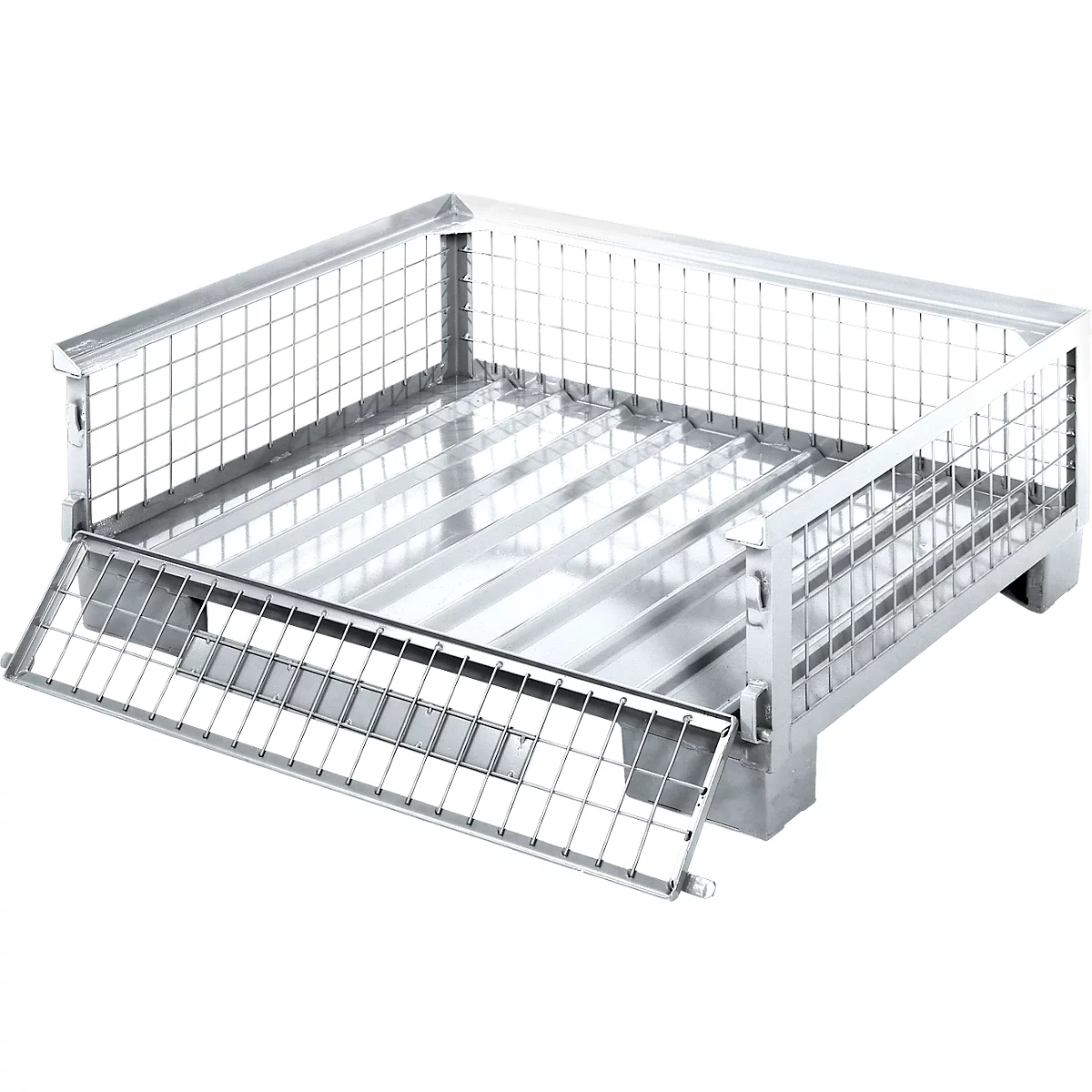 Panier métallique avec une partie latérale abaissable et un cadre en treillis métallique. Les bords sont renforcés.
