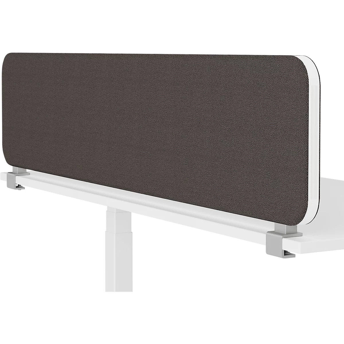 Séparateur de bureau en tissu marron avec bordure blanche, fixé à une surface de bureau blanche.