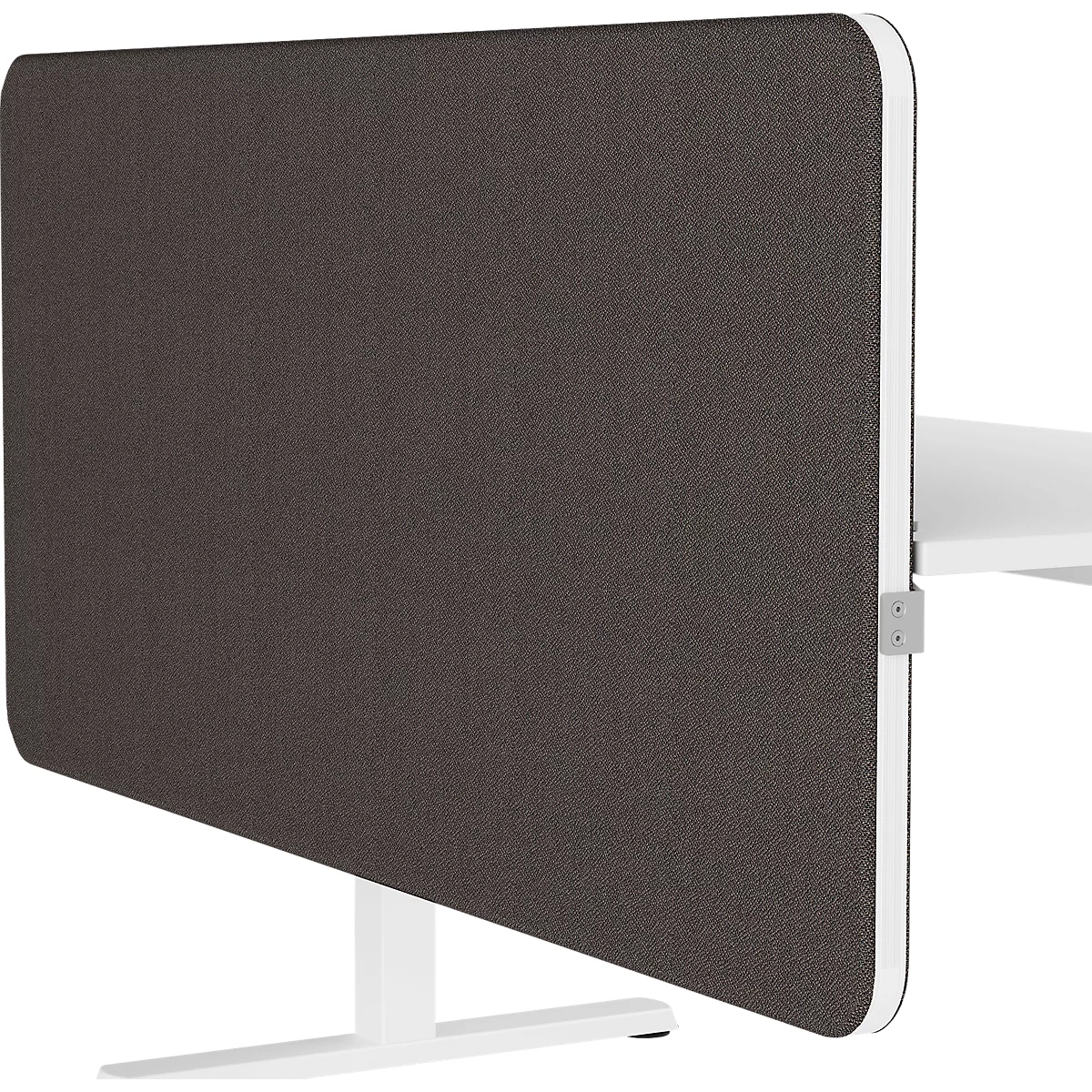 Séparateur de bureau rectangulaire marron avec cadre blanc. Il repose sur une base blanche et est fixé à un plateau de table blanc.
