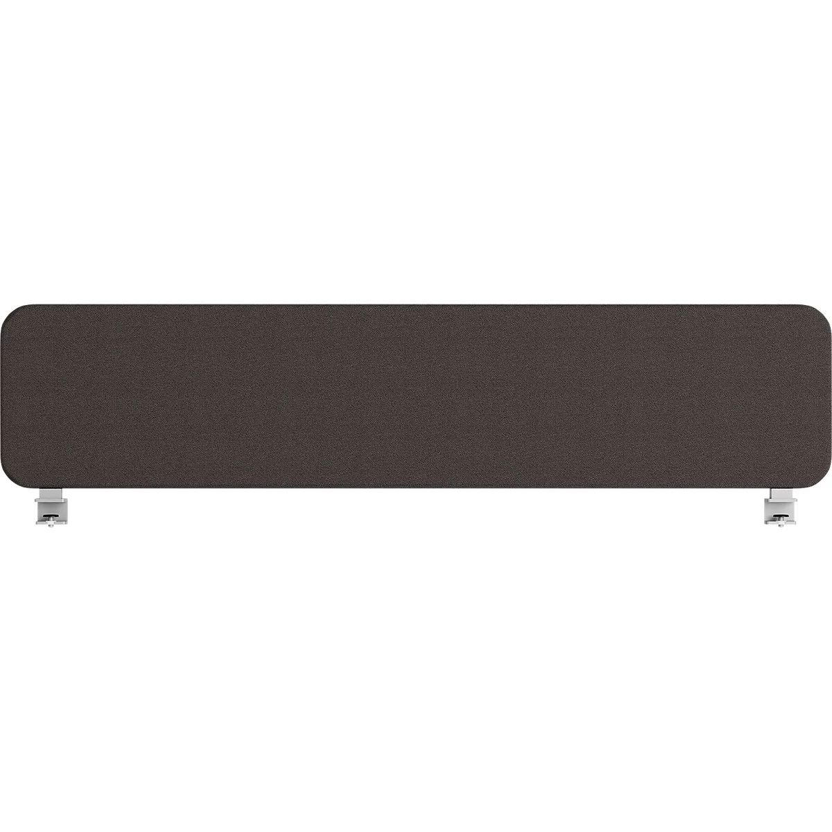 Séparateur de bureau rectangulaire gris avec des coins arrondis et deux pieds argentés.