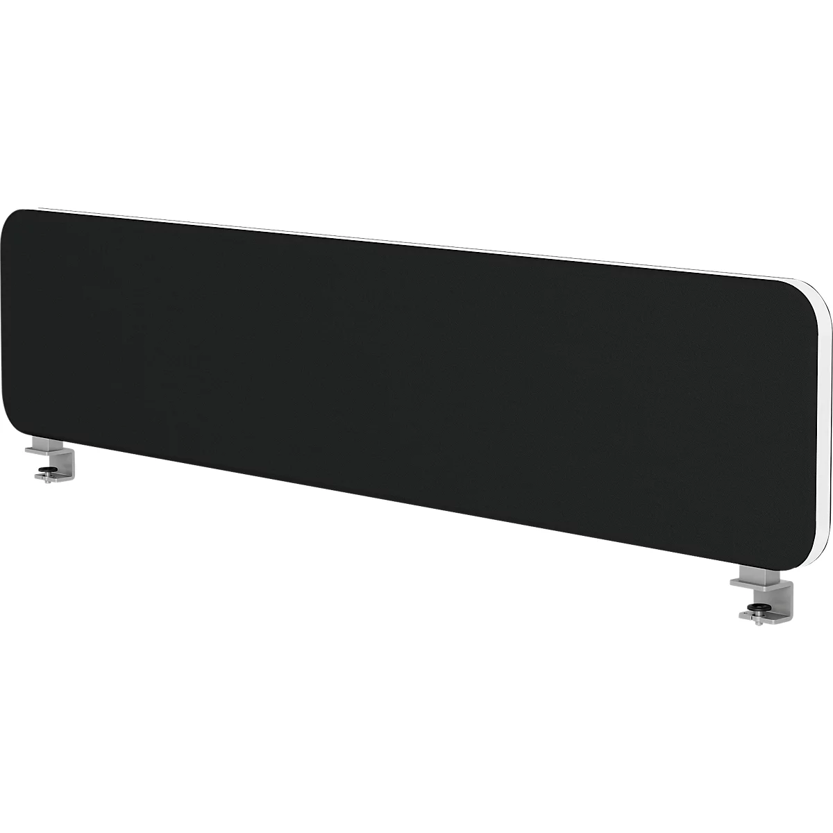Séparateur de bureau rectangulaire noir avec bords blancs et deux pinces argentées.