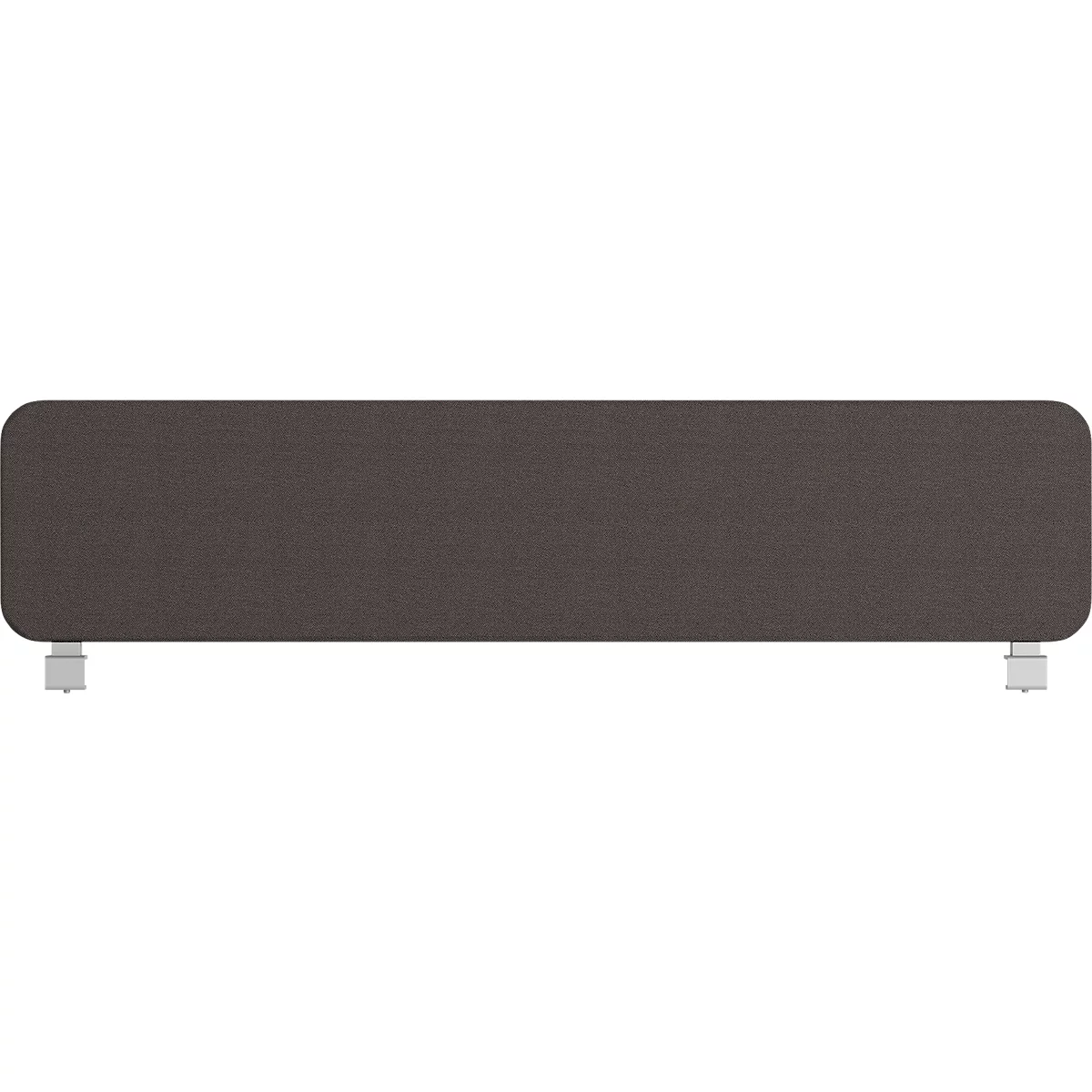 Meuble rectangulaire gris avec des coins arrondis et quatre pieds blancs courts.