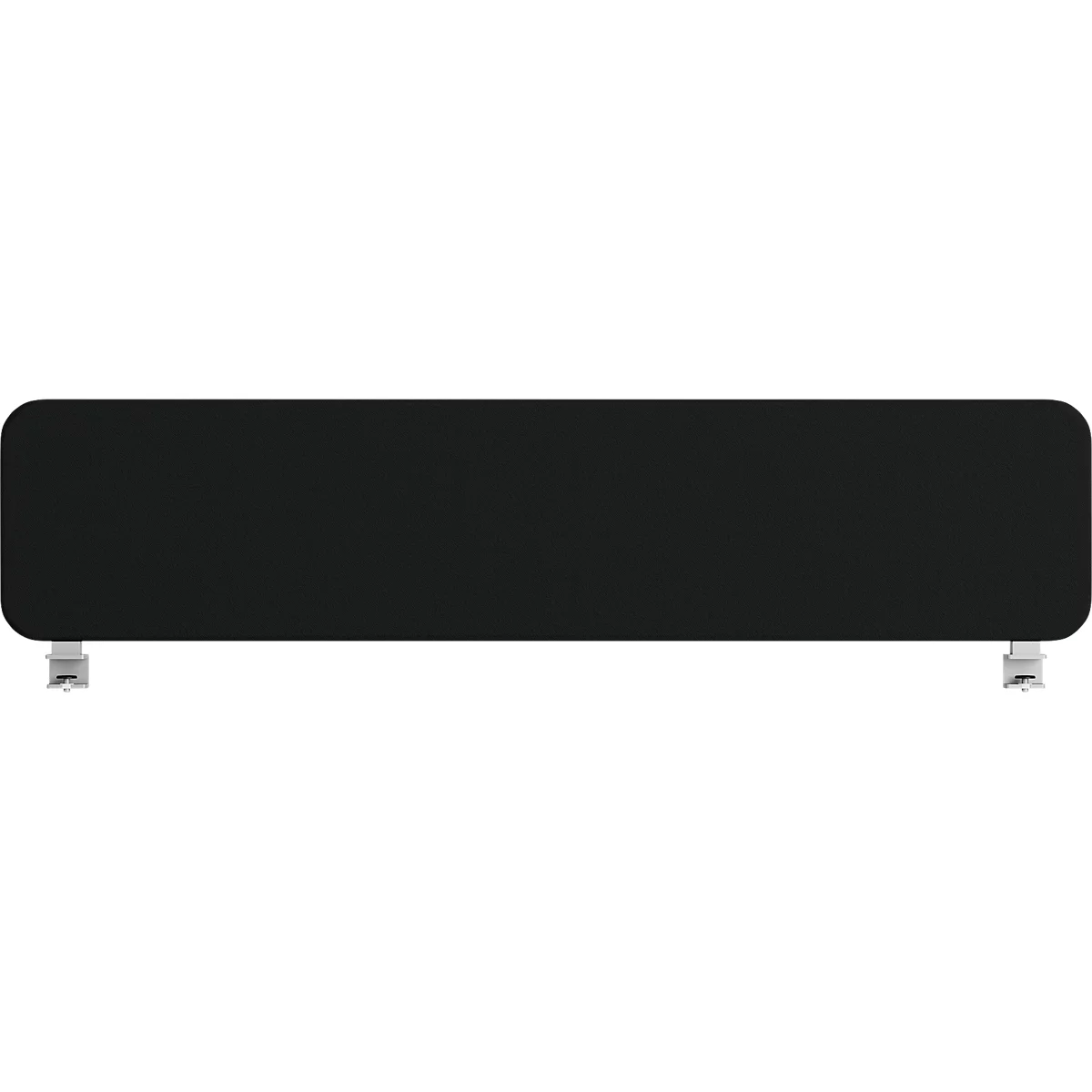 Un objet noir rectangulaire aux coins arrondis, reposant sur deux petits pieds métalliques.