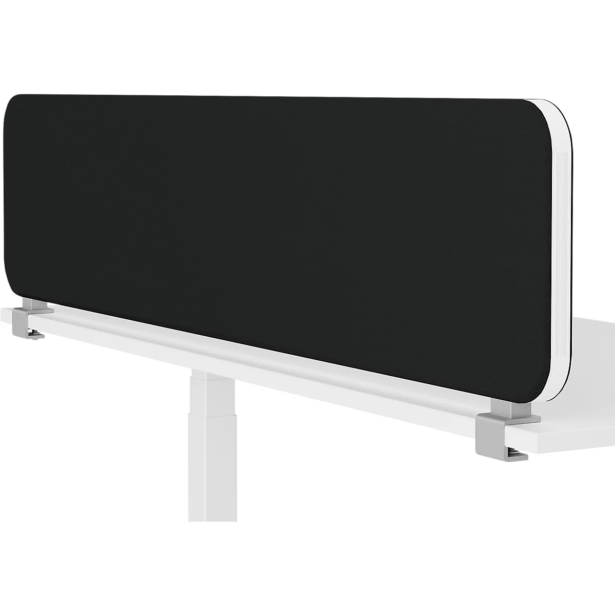 Séparateur de bureau noir avec bordure blanche fixé à une table blanche. Support gris.