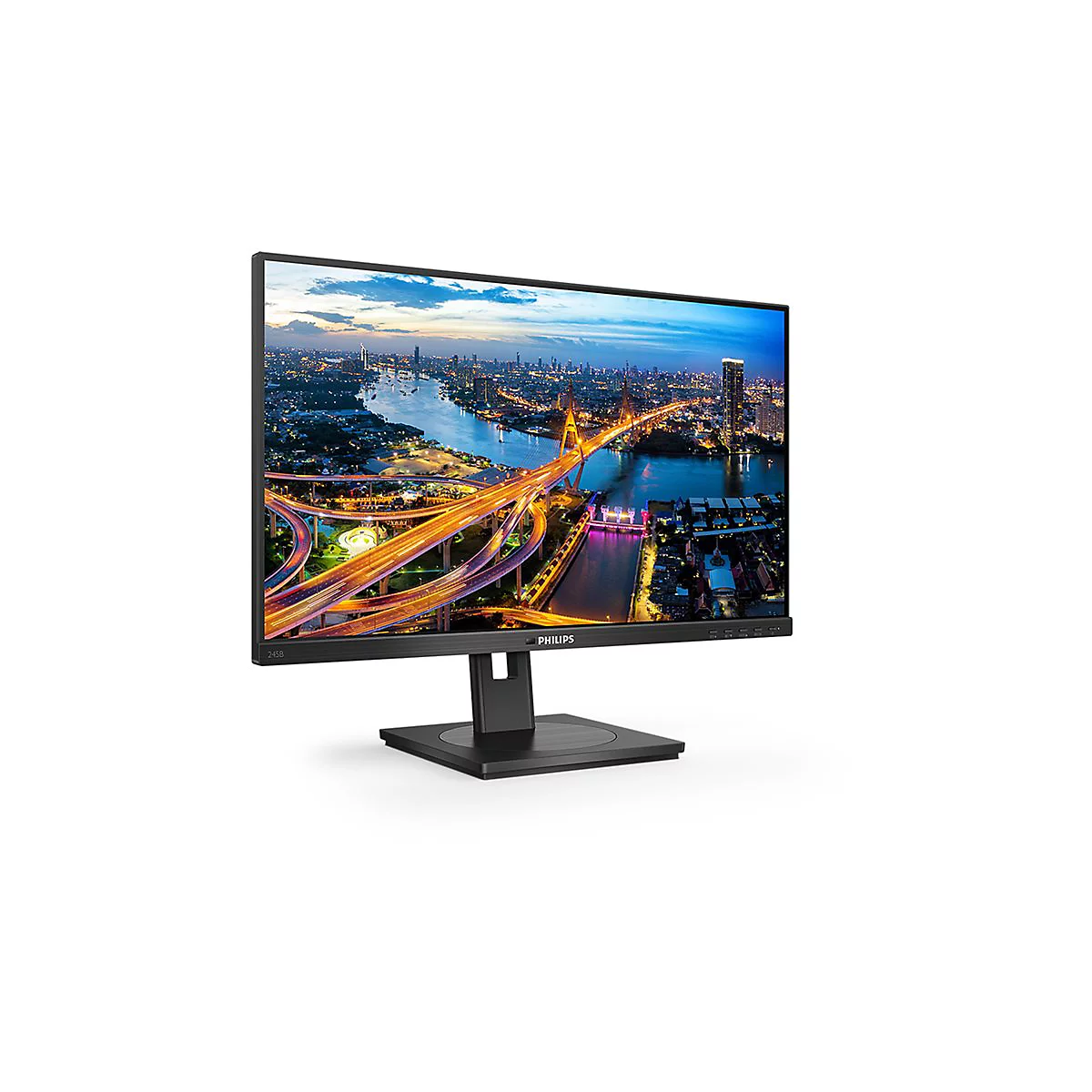 Schwarzer Monitor mit Stadtansicht als Hintergrund. Der Monitor steht auf einem quadratischen Sockel, Logo Philips.