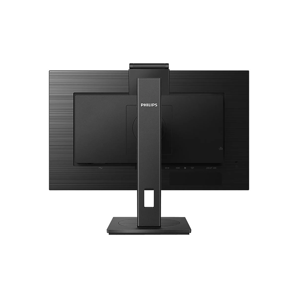 RÃ¼ckseite eines schwarzen Philips-Monitors mit StandfuÃŸ und Firmenlogo.