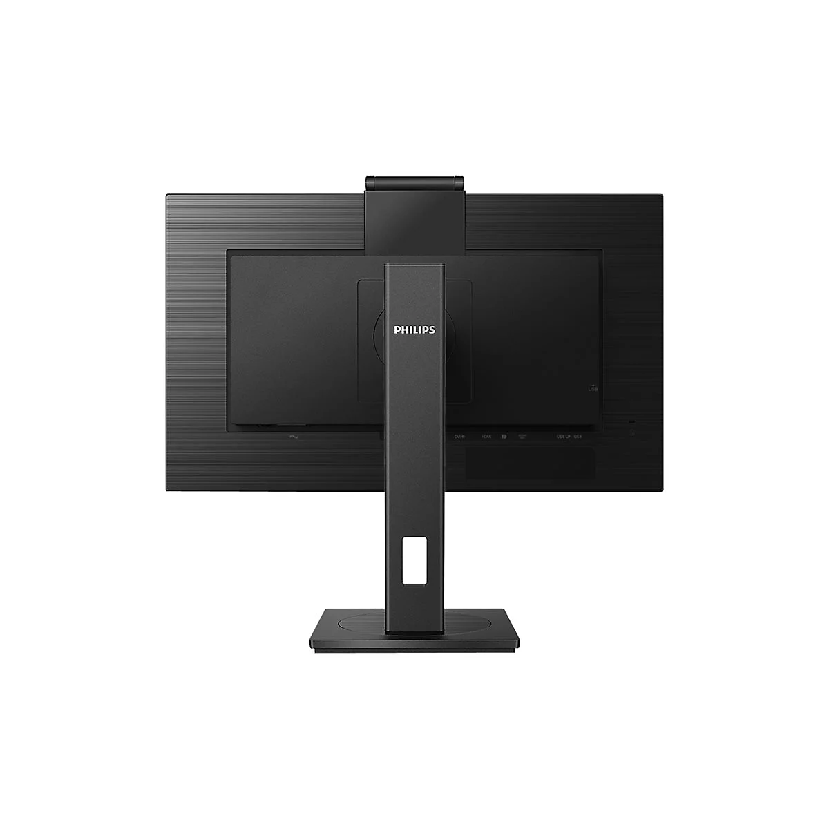 RÃ¼ckseite eines schwarzen Philips Monitors mit StandfuÃŸ und dem Philips Logo.