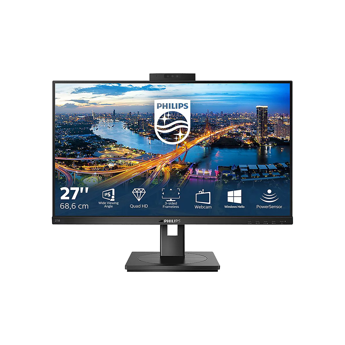 Ein schwarzer Philips-Monitor mit einem 27-Zoll-Bildschirm, integrierter Webcam und einem Stadtpanorama im Hintergrund.