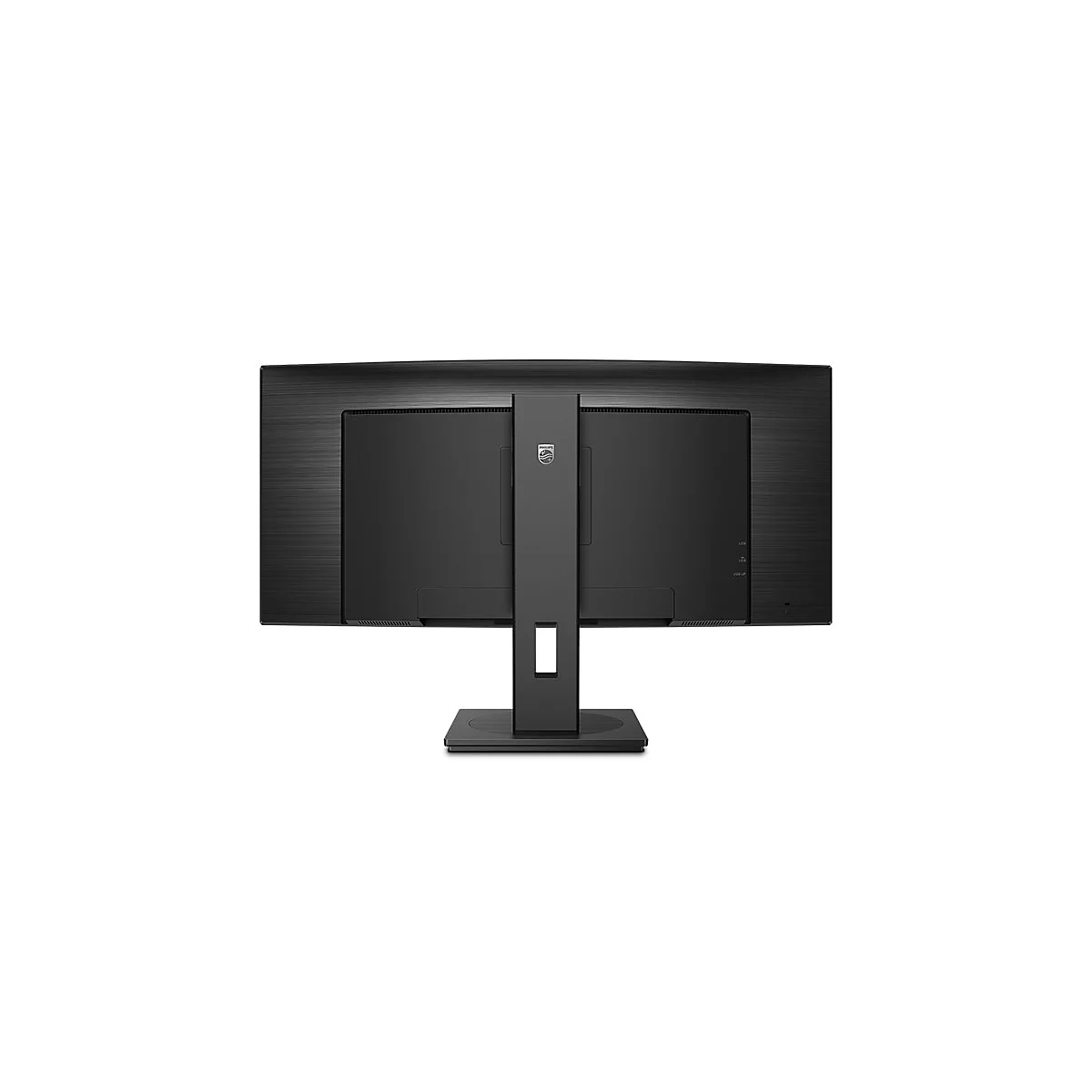Rückseite eines schwarzen Monitors mit Standfuß, der auf einem weißen Hintergrund steht.