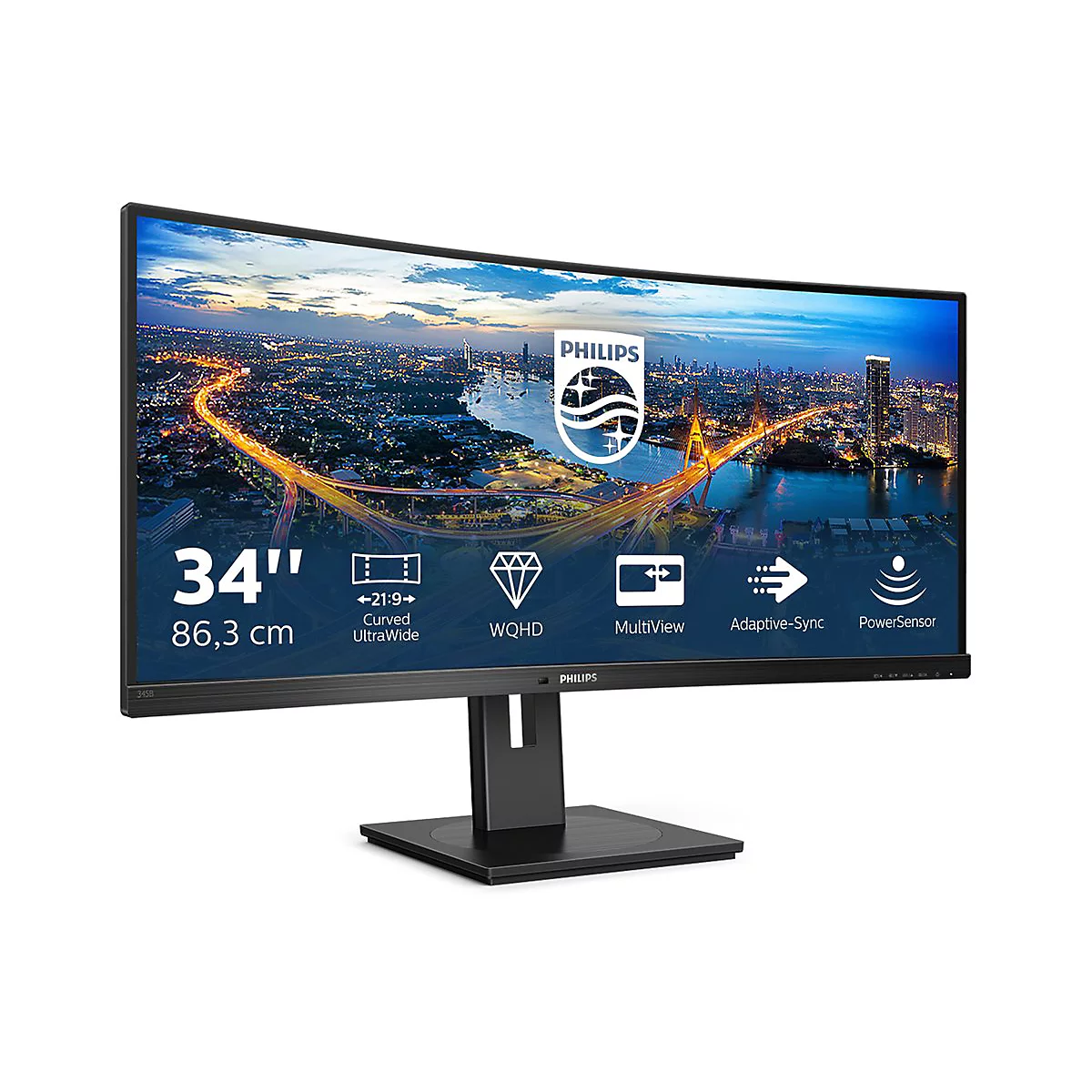 Ein gekrümmter Philips Monitor mit einem Stadtbild. Merkmale: 34 Zoll, 21:9, WQHD, MultiView, Adaptive-Sync, PowerSensor.