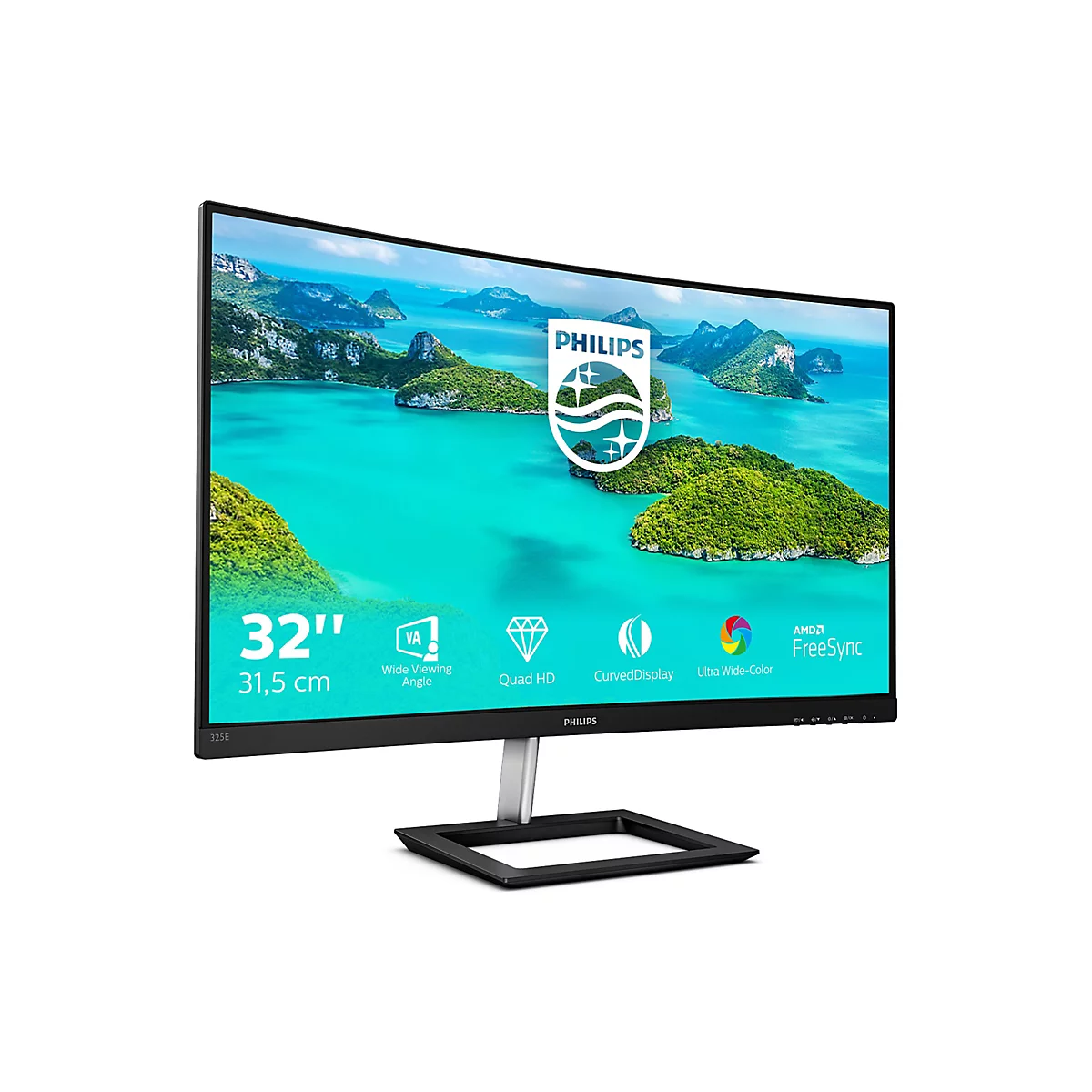 Moniteur incurvé de 32 pouces affichant une vue du paysage à l'écran. Le logo Philips est visible.
