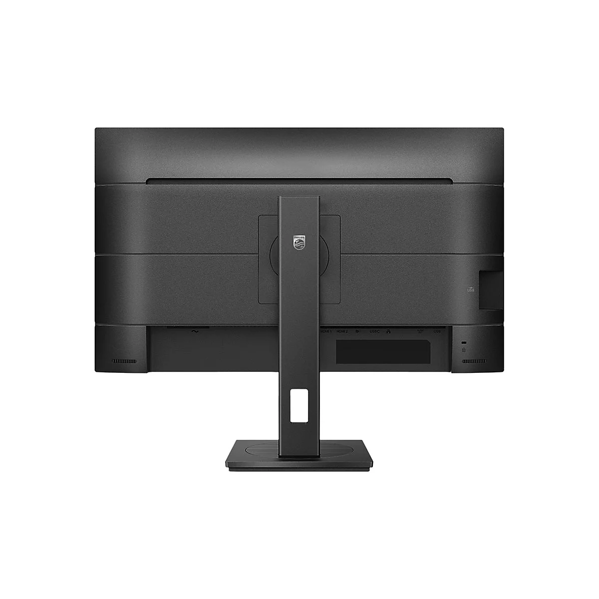 Der schwarze Monitor zeigt die RÃ¼ckseite mit StandfuÃŸ, AnschlÃ¼ssen und Firmenlogo.