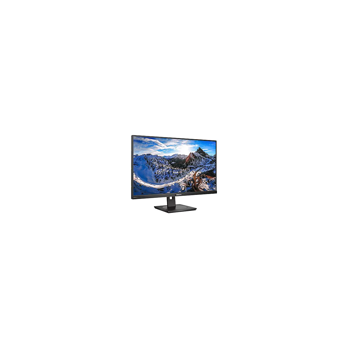 Schwarzer Monitor mit Berglandschaft im Hintergrund. Philips-Logo unten rechts.