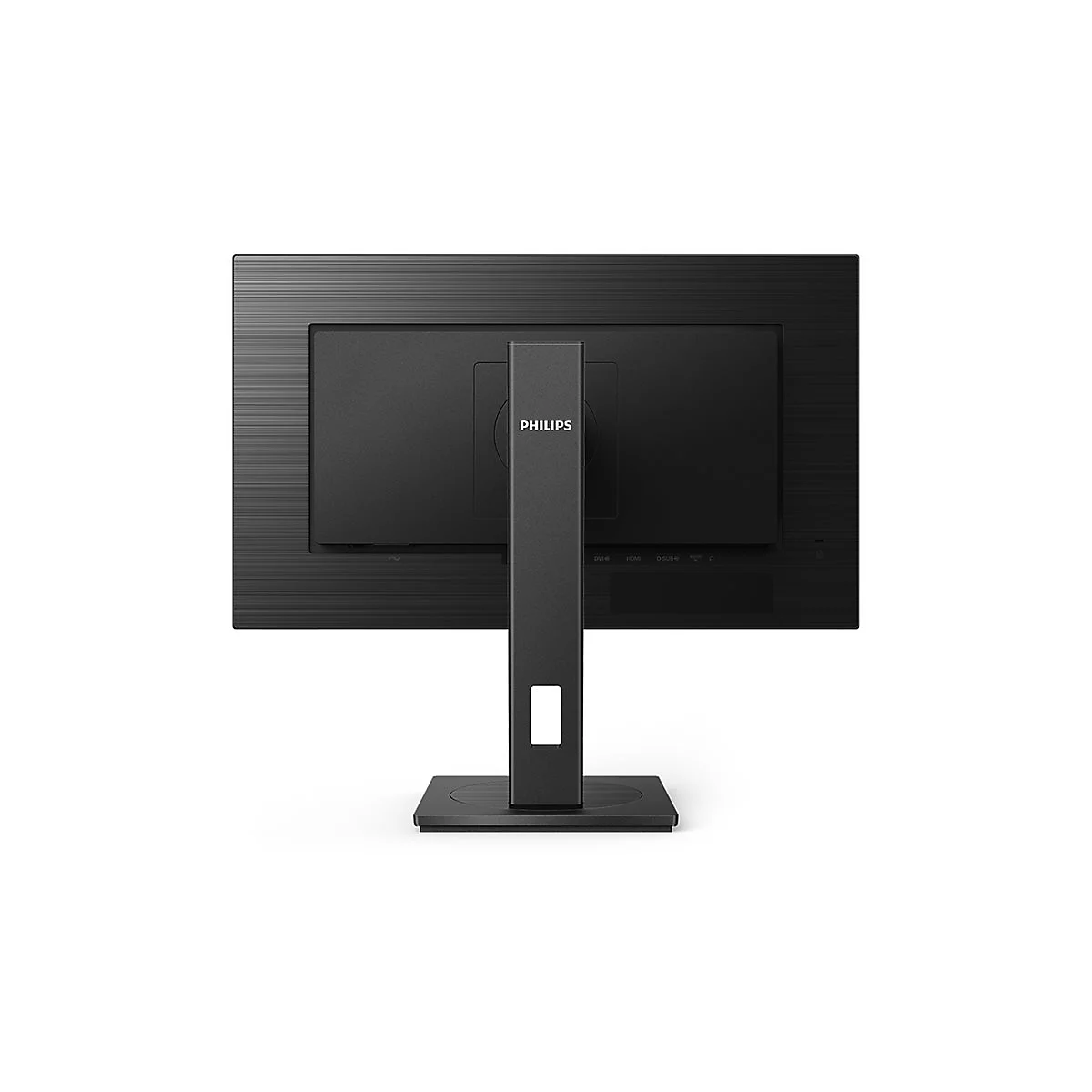 Ein schwarzer Monitor von hinten, mit Philips-Logo auf der Halterung.