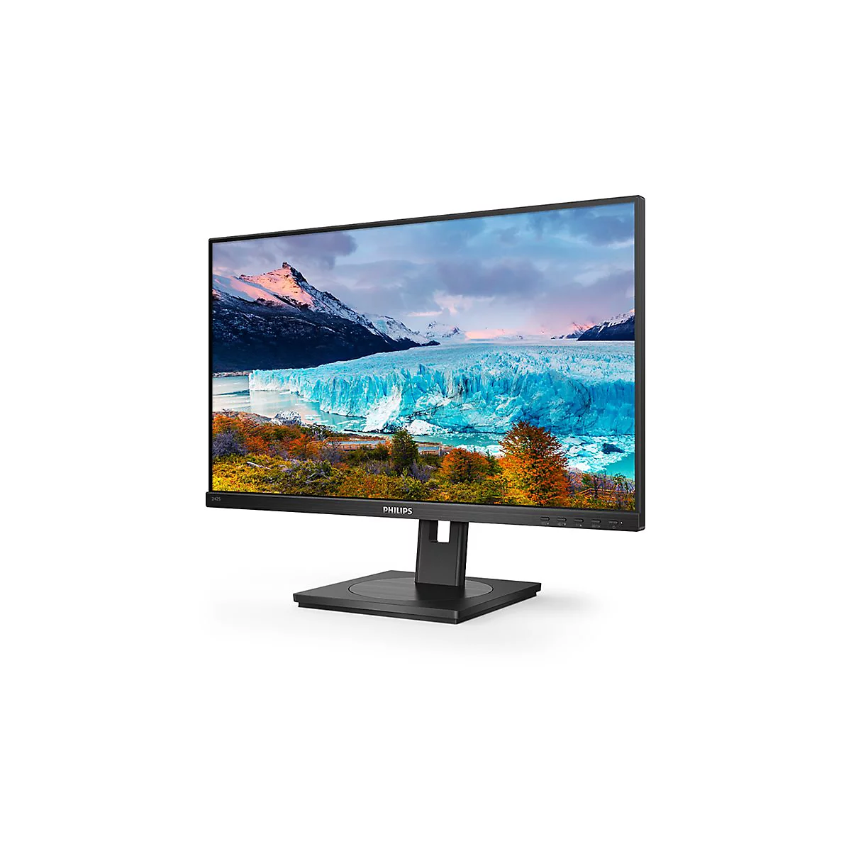 Ein schwarzer Monitor mit einem Display, das eine Landschaft mit Gletschern zeigt. Der Monitor steht auf einem StÃ¤nder.