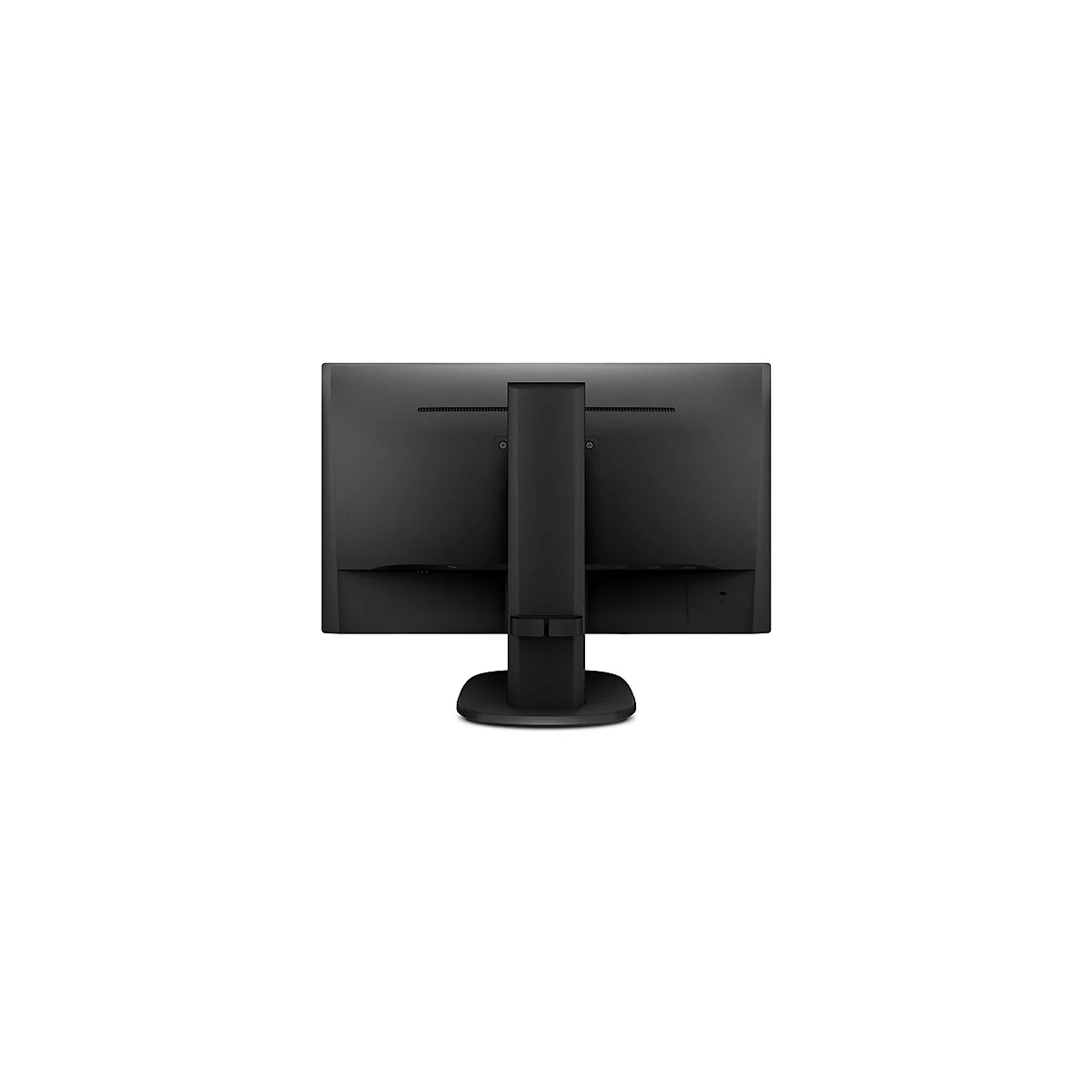 RÃ¼ckseite eines schwarzen Monitors mit StandfuÃŸ vor weiÃŸem Hintergrund.