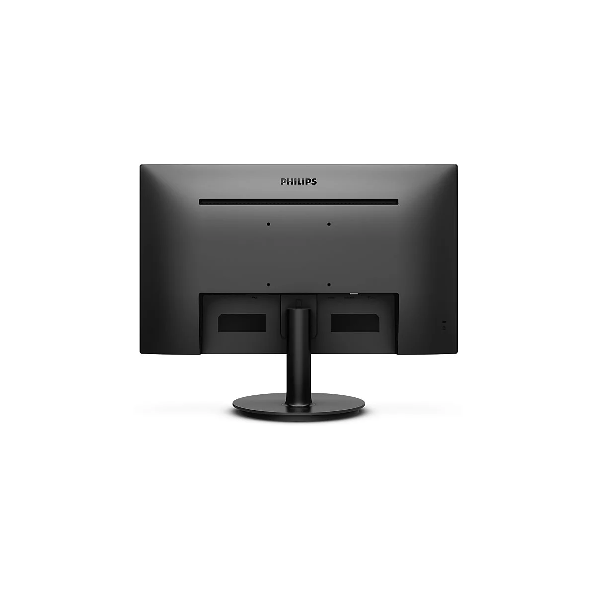 Der schwarze Bildschirmmonitor steht vor weißem Hintergrund. Rückansicht mit Philips-Logo und Anschlüssen.