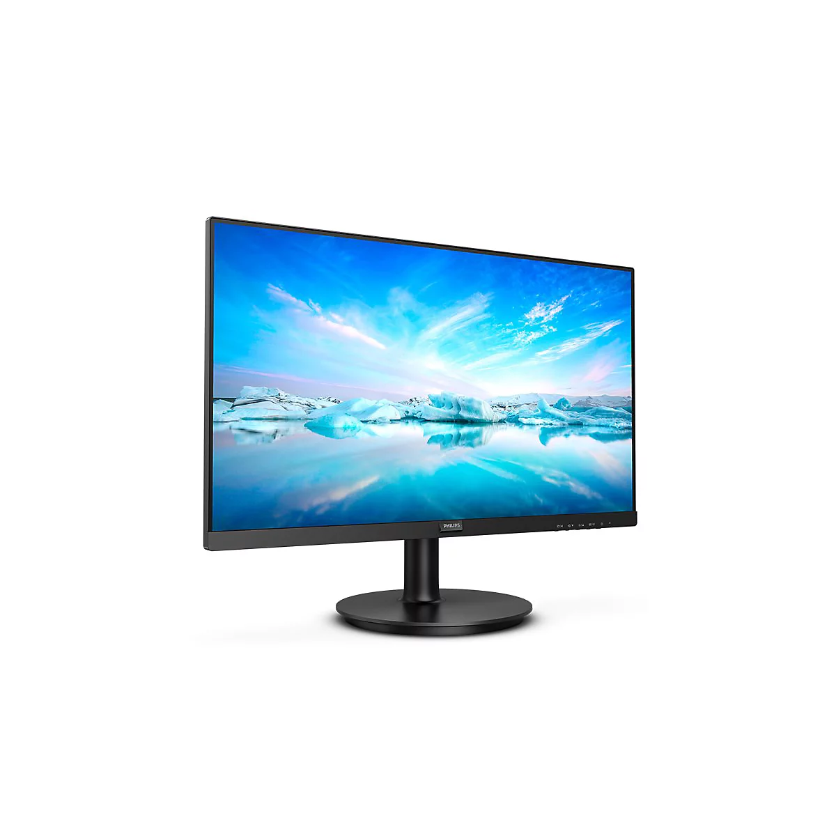 Monitor mit schwarzem Rahmen auf rundem Standfuß. Auf dem Bildschirm ist eine Gletscherlandschaft zu sehen.