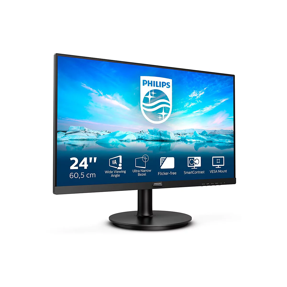 Ein schwarzer Philips Monitor, 24 Zoll, mit Landschaftsdarstellung. Der Monitor steht auf einem schwarzen Standfuß.