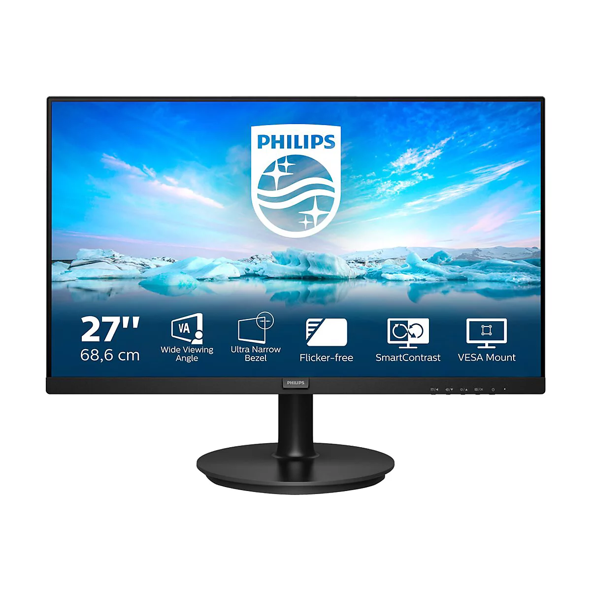 Der 27 Philips Monitor vor weiÃŸem Hintergrund. Der Bildschirm zeigt eine Landschaft und das Logo.