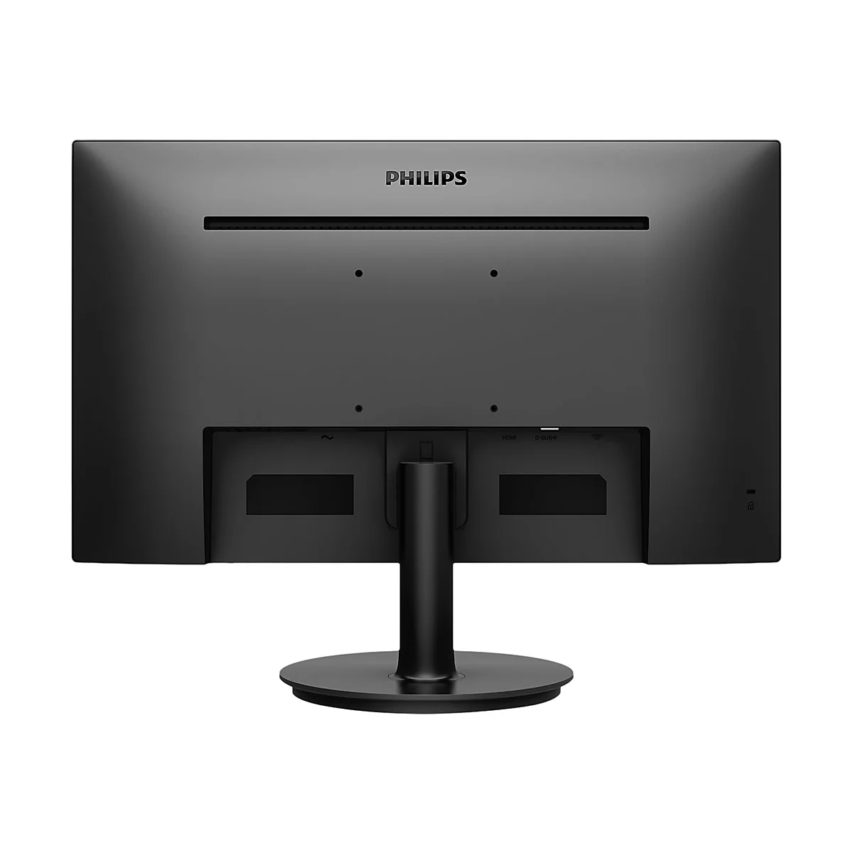 Schwarzer Monitor, RÃ¼ckseite, mit Philips Logo und Halterung auf rundem StandfuÃŸ.