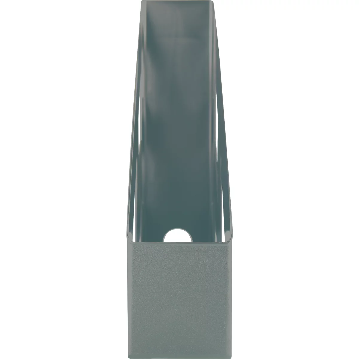 Porte-revues en plastique gris, rectangulaire avec ouverture ovale.