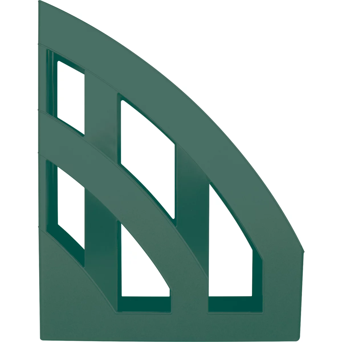 Porte-revues vert avec des lignes courbes et des formes géométriques.