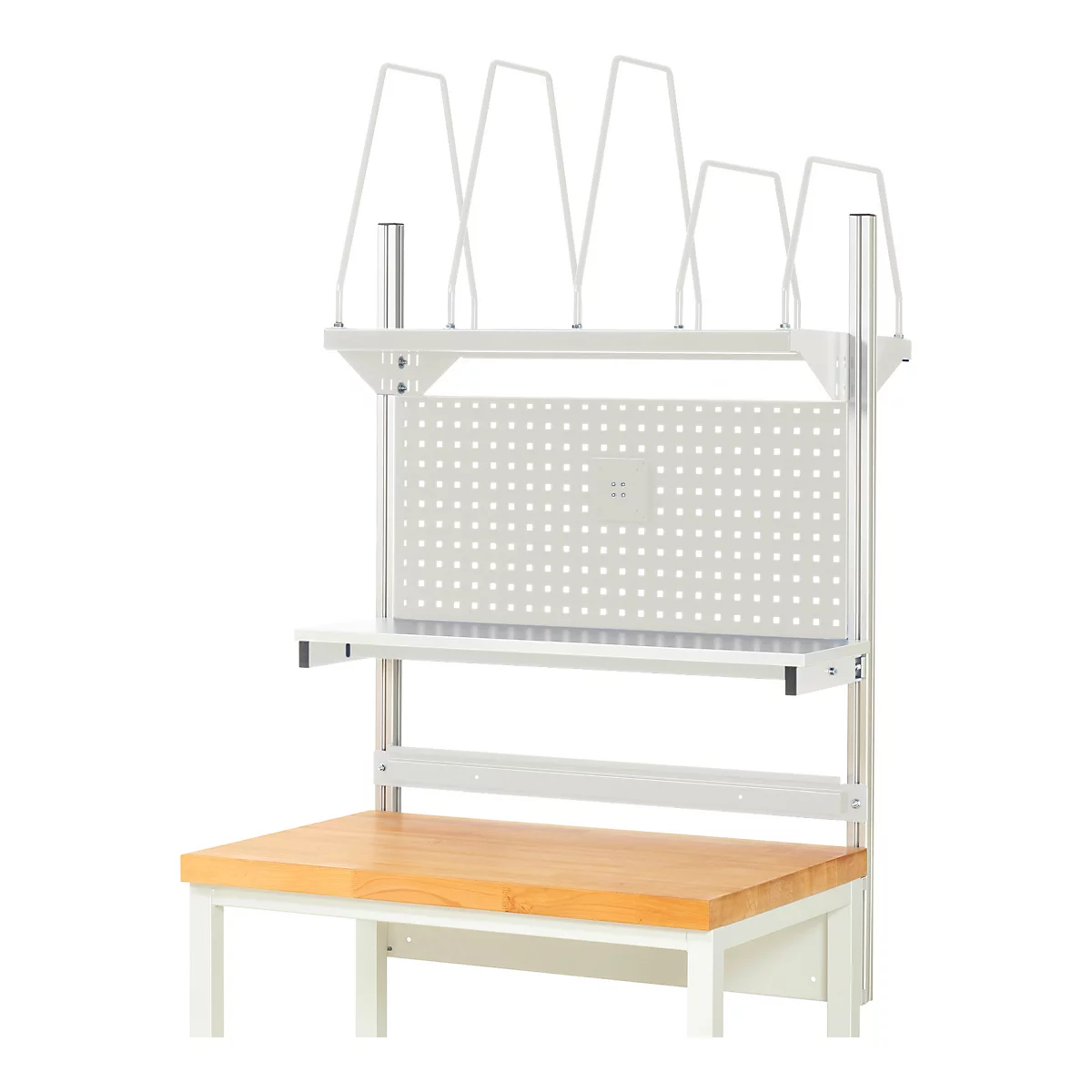 Établi avec cadre blanc, plateau en bois et mur perforé avec supports.