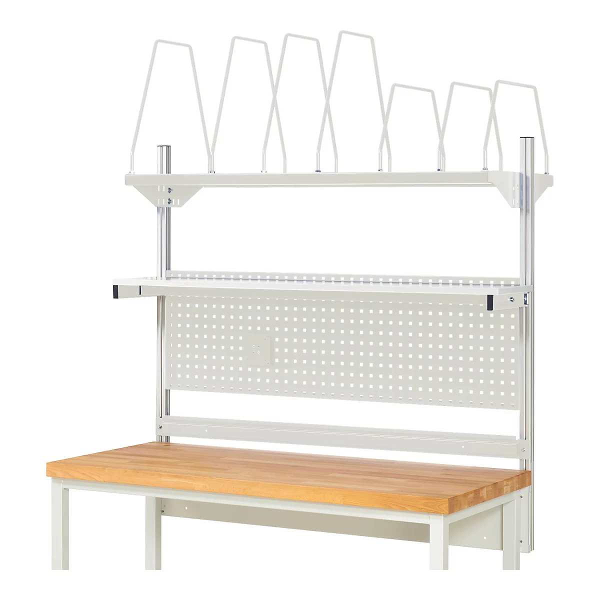 Un système d'établi avec un plateau en bois, une planche à chevilles et des supports en fil de fer.