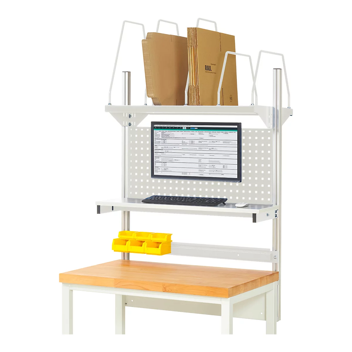 Werkbank met computer, papieren bakken en gele opbergbakken.