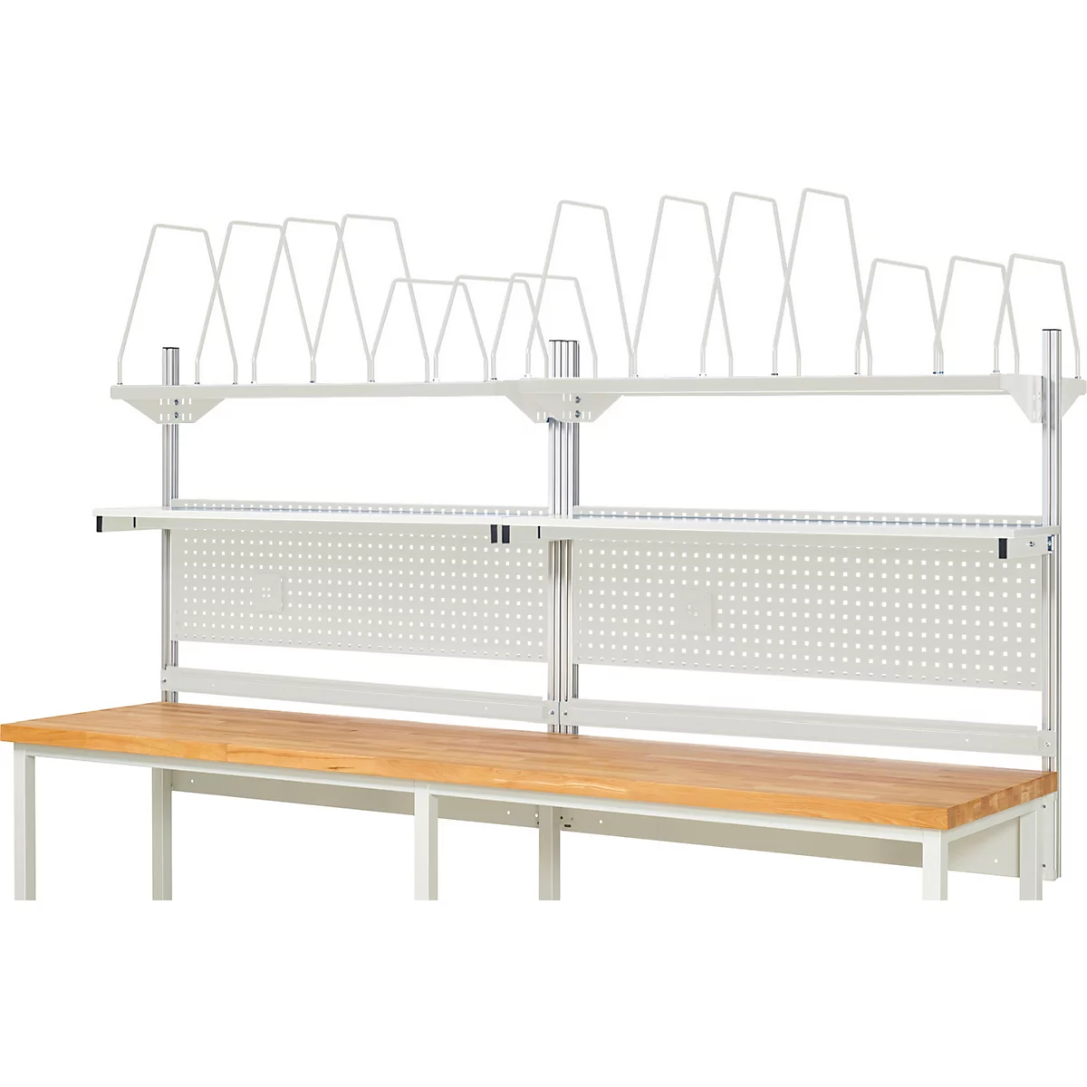 Werkbank met wit frame, houten blad en plank. Op de plank staan houders voor gereedschap.
