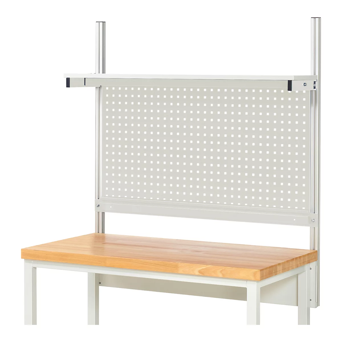 Werkbank met pegboard en plank, licht houten blad en lichtgrijs metalen frame.