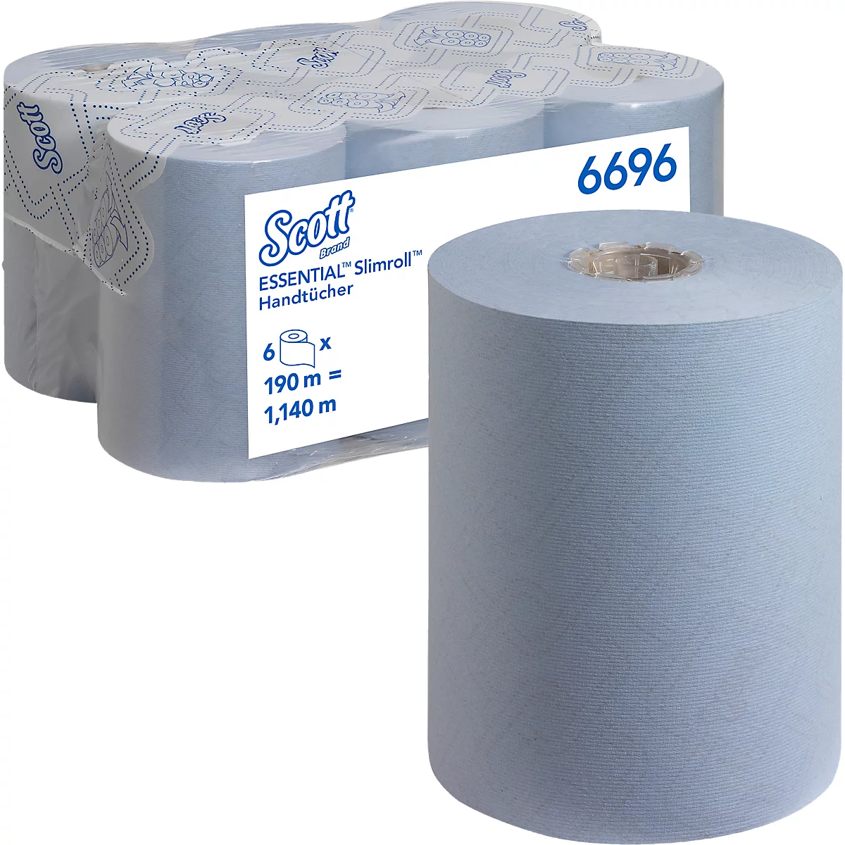 Rollos de papel de cocina azul claro de la marca Scott, parcialmente envueltos, con información del producto.