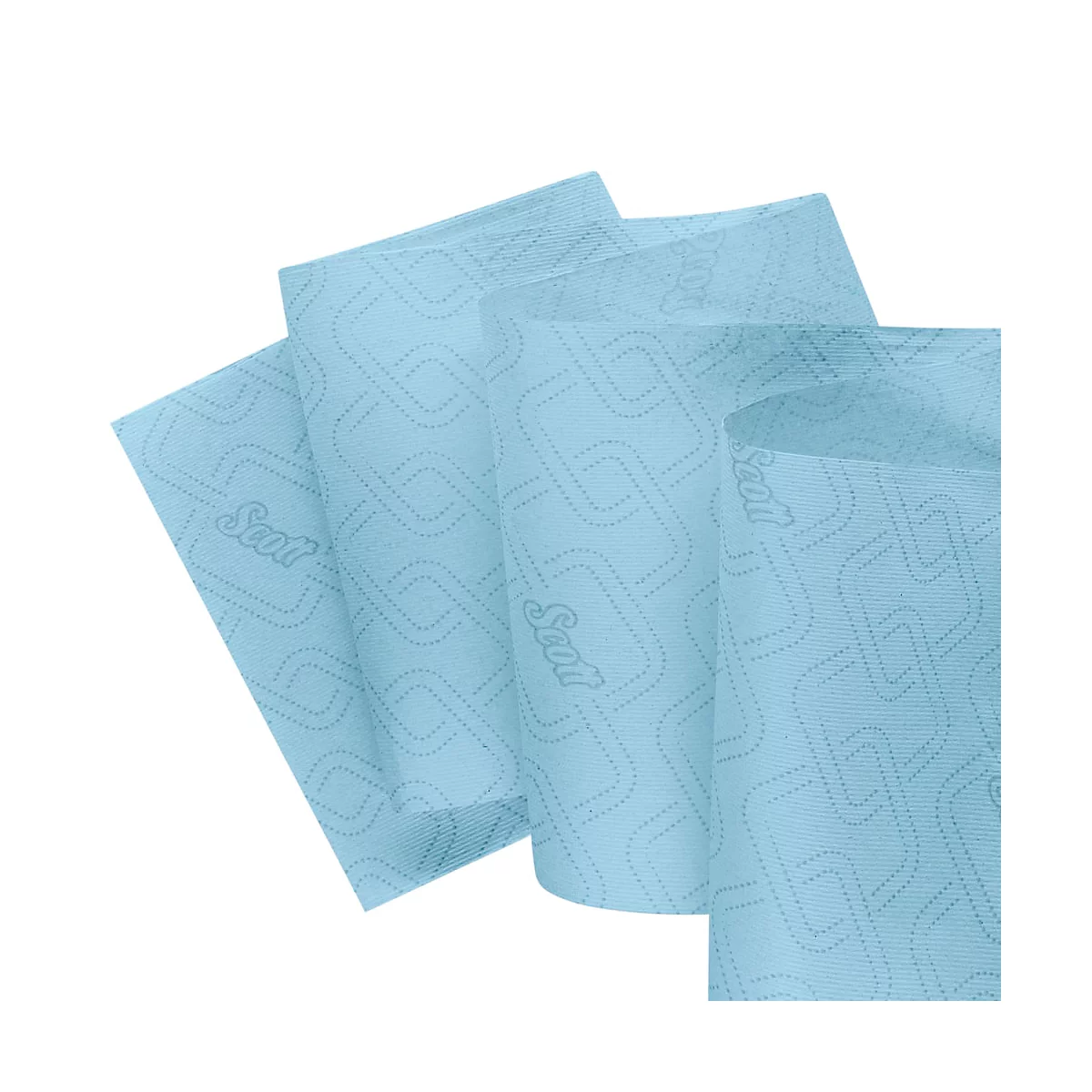 Toallas de papel azul claro, parcialmente enrolladas, con el logotipo de Scott y un patrón geométrico.