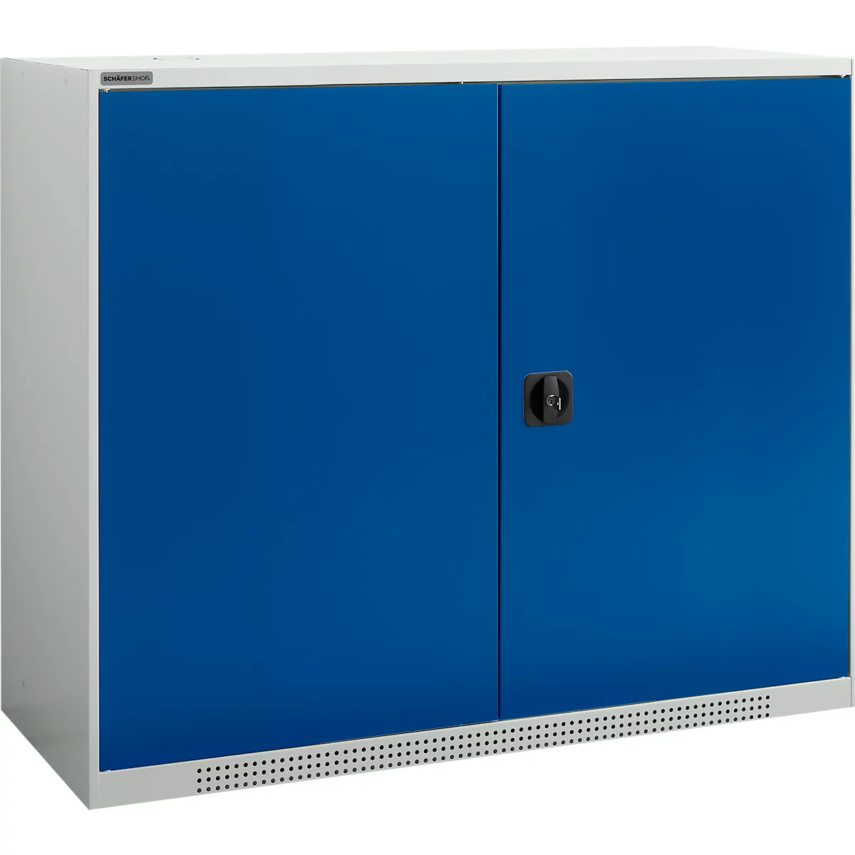  Schäfer Shop Genius Armario de puertas batientes FS, acero, con orificios de ventilación, ancho 1343 x fondo 520 x alto 1105 mm, 3 OH, hasta 450 kg, gris claro/azul genciana