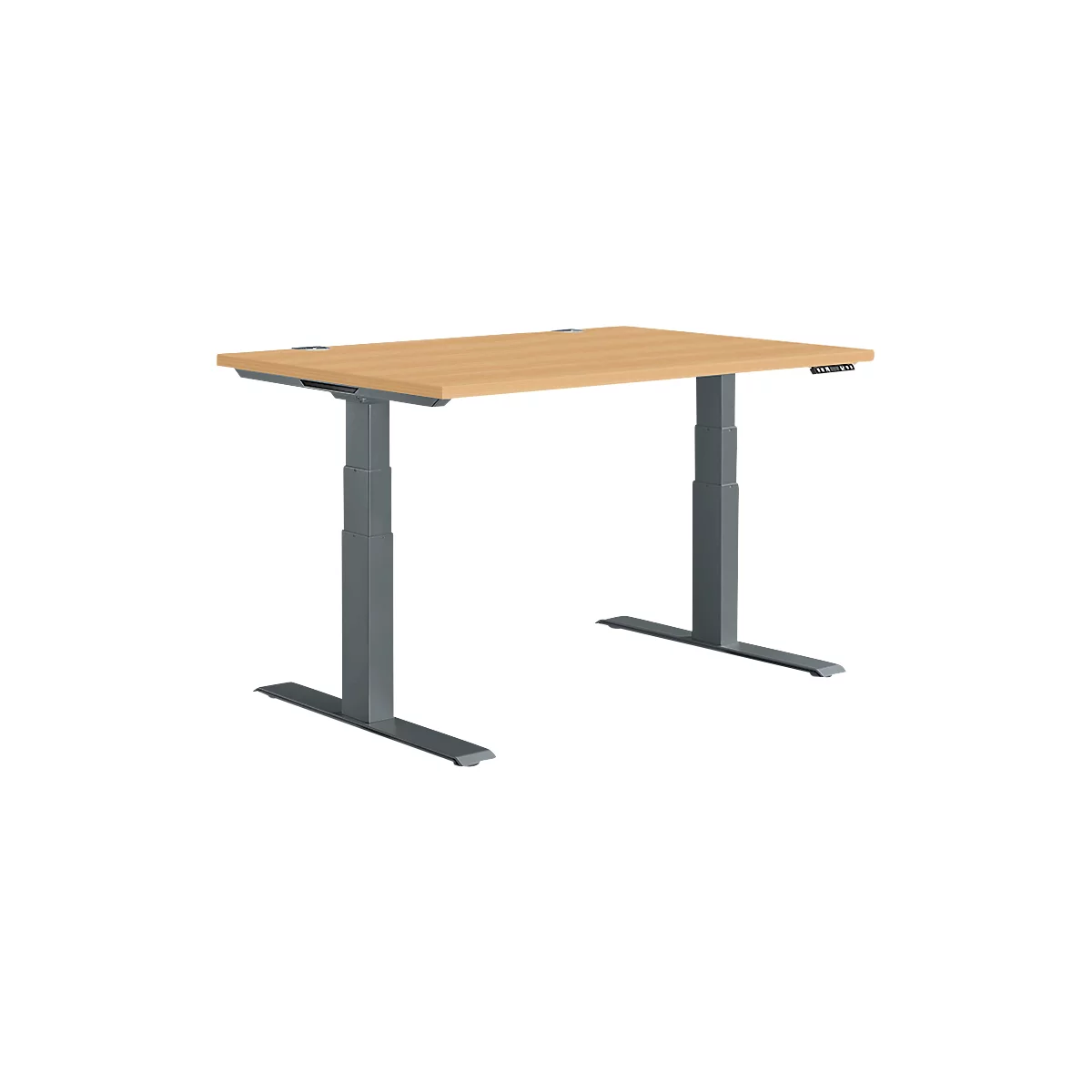 An adjustable height desk with wooden top and grey frame.