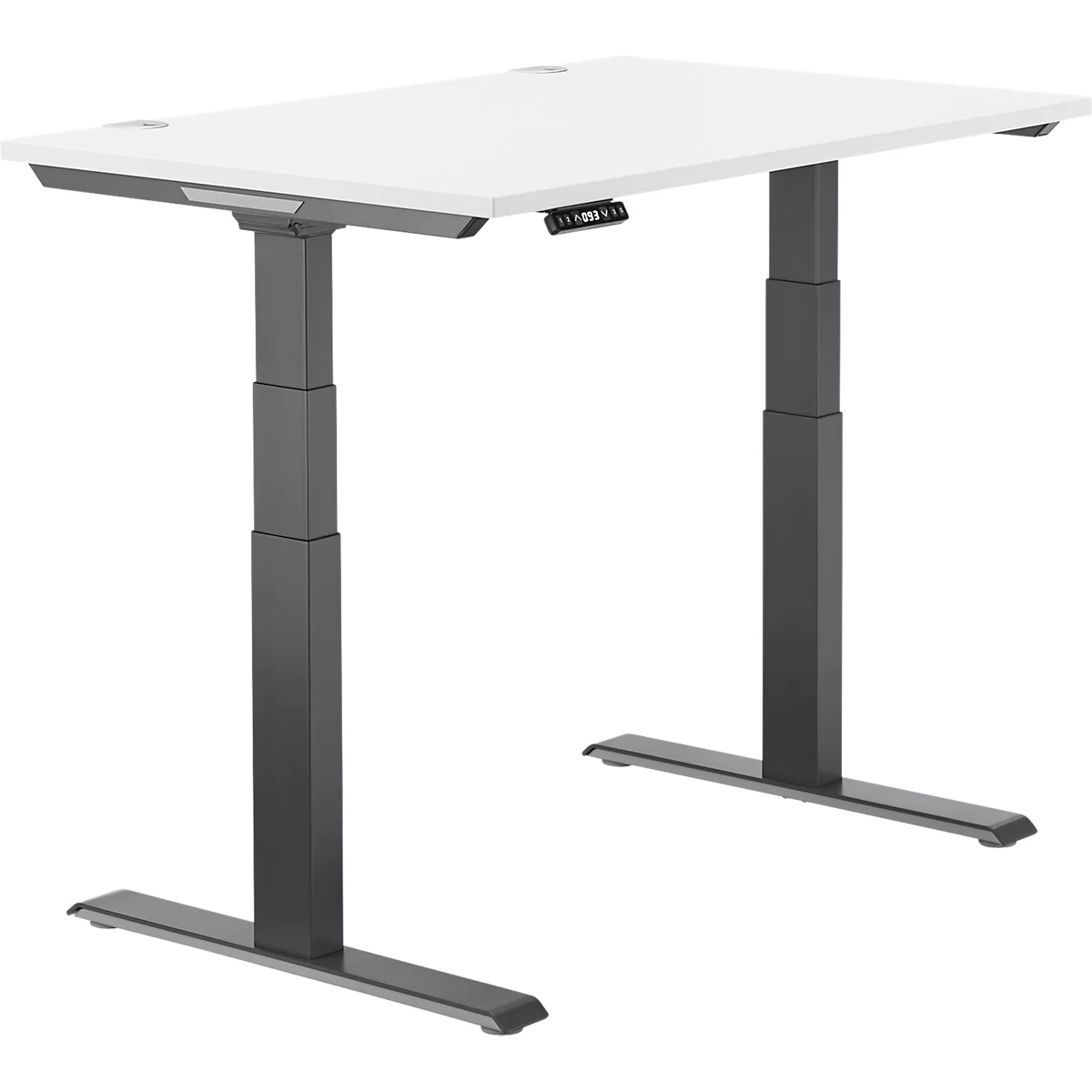 Height-adjustable desk, white top, gray legs, control panel with numbers.