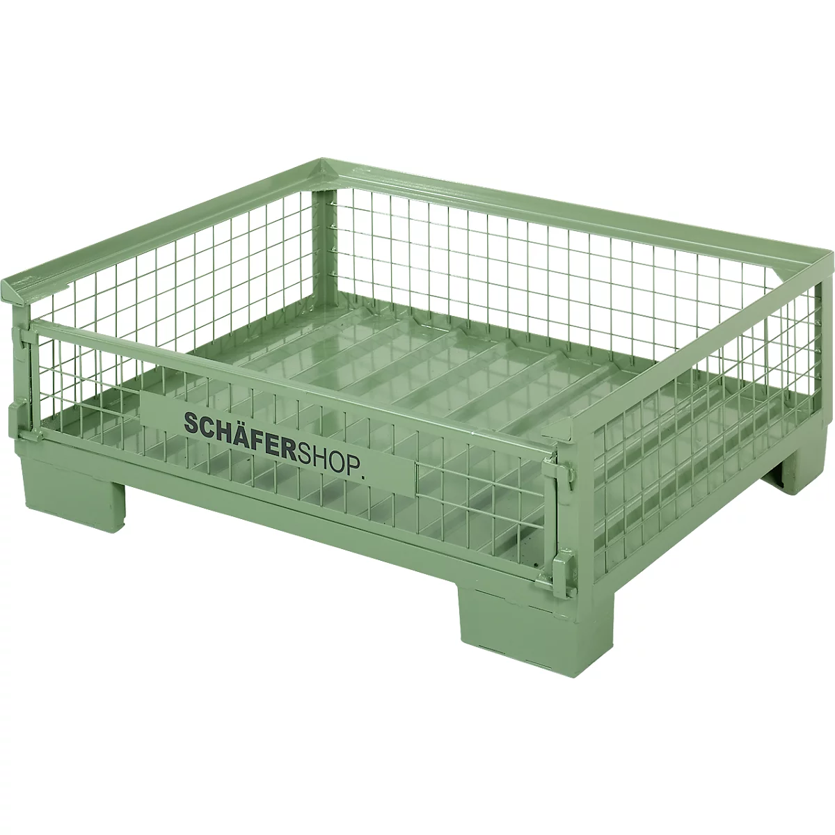 Groene, rechthoekige gaasbox met het opschrift SCHÄFERSHOP. Staat op poten, heeft open gaaswanden, de achterwand is gesloten.