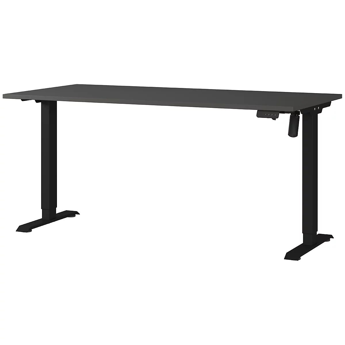 Grauer, höhenverstellbarer Schreibtisch, schwarzes Gestell. Seitlich Bedienfeld.
